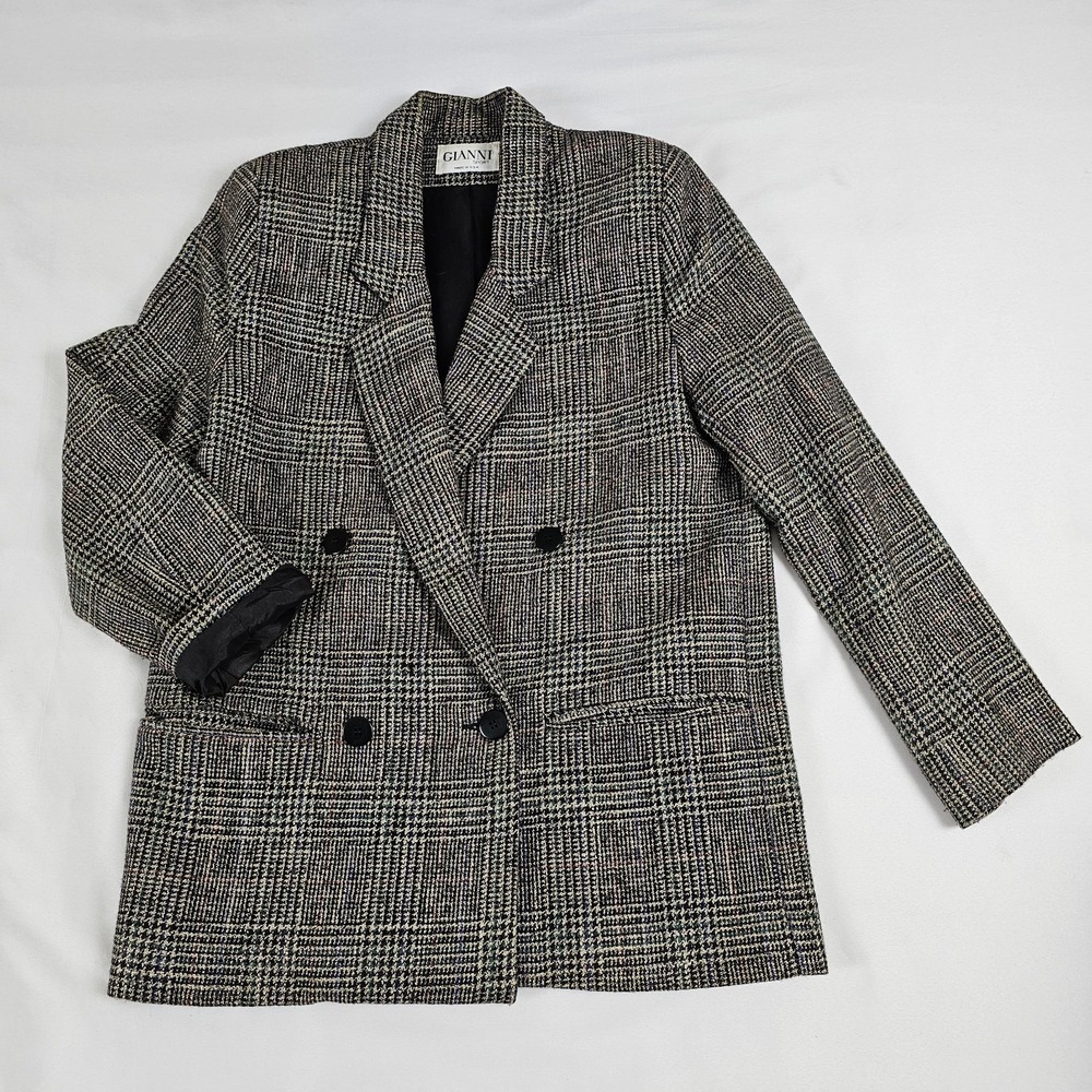 VTG 80s Gianni Blazer Jacket Womens size 6  Dlb Breast Plaid Black White